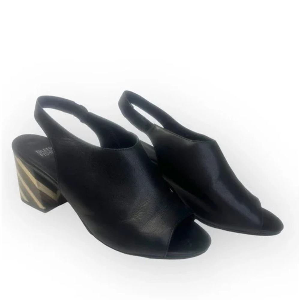 Eileen Fisher Bobbie Italian Leather Slingback Striped Heel Sz 8.5 Black